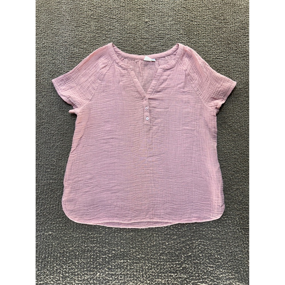 Gap Womens Pink Cotton Double Gauze Henley Top Short Sleeve Blouse Small